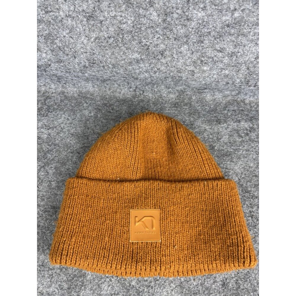 Kari Traa Hat Beanie‎ Fitted Womens One Size Orange Knit Logo Cuff Winter Warm